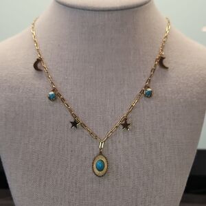 Gold and Blue Celestial Necklace with Charms, 18k Gold Plated Stainless Steel